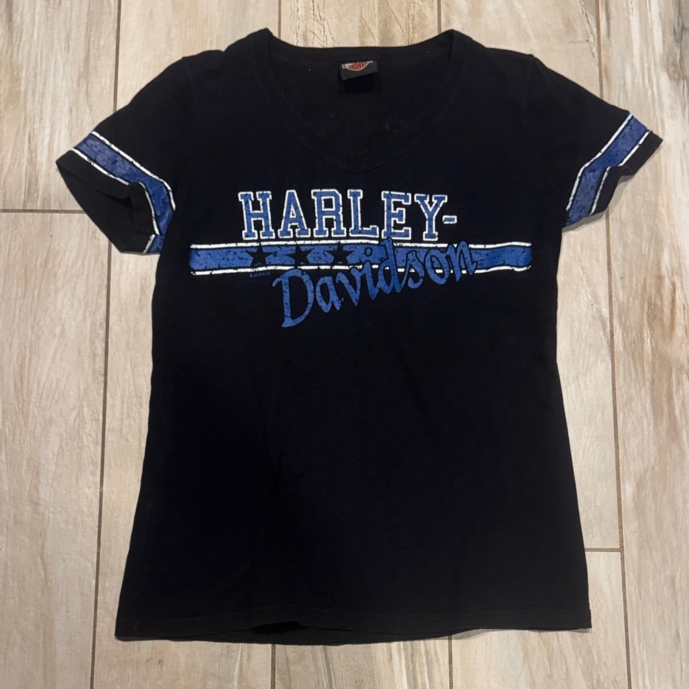 Harley-Davidson Black Tee with Blue Logo and Stripe Accents